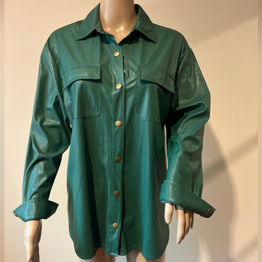 Intermix Green Faux Leather Button-Up Shirt Size P